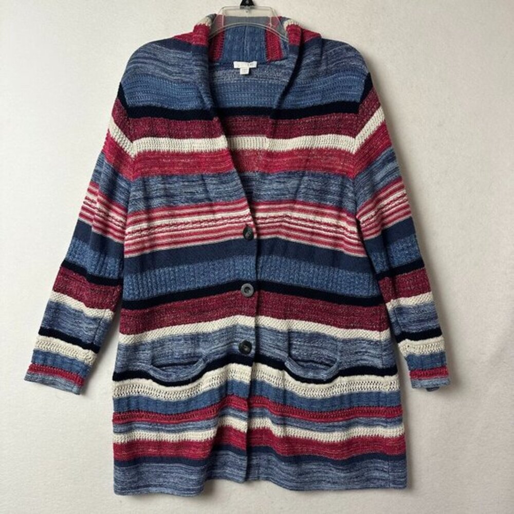 J. Jill Striped Cardigan Sweater Womens‎ Large Petite Blue Red Cotton Linen Knit